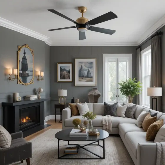 Black and Gold Ceiling Fan with Grey Walls