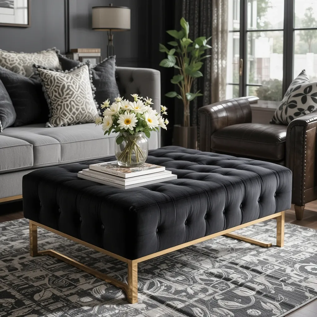 Black and Gold Tufted Ottoman