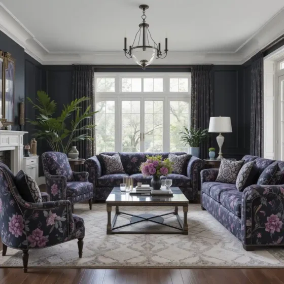 Black and Purple Floral Upholstery