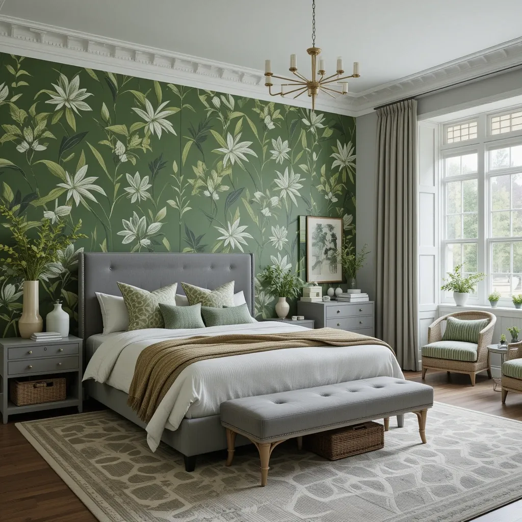 Bold Green Wallpaper with Muted Grey Decor