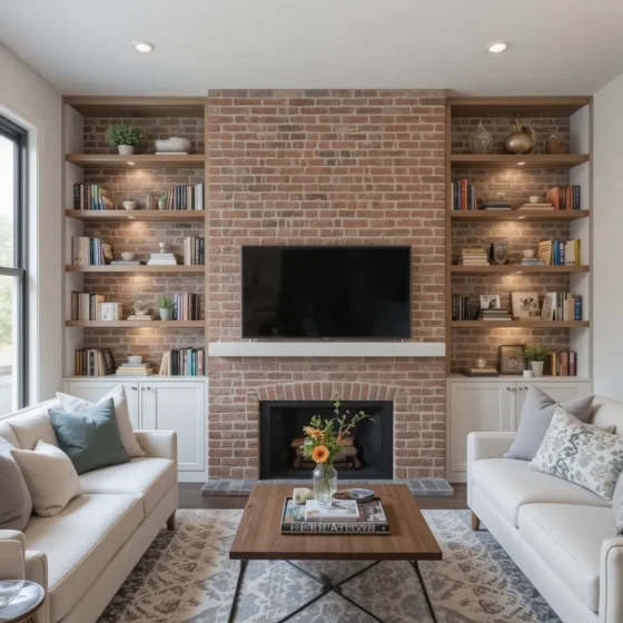Brick Wall with Built-In Bookshelves