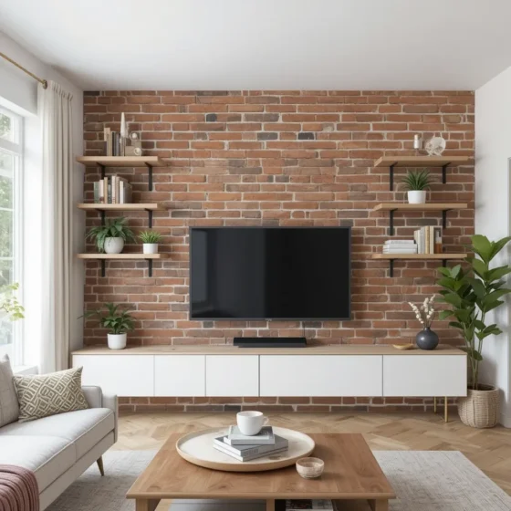 Brick Wall with Floating Wooden Shelves
