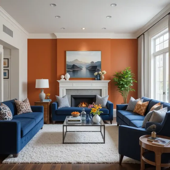 Burnt Orange Accent Wall with Navy Furniture