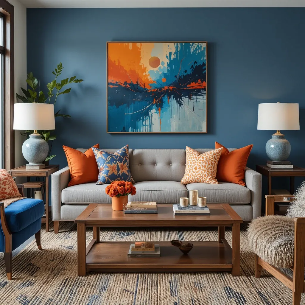 Burnt Orange Accents in a Blue and Brown Setting
