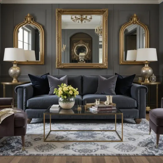 Charcoal Grey Sofa with Gold Accents