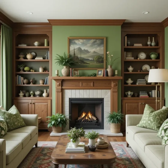 Cozy Fireplace with Green and Brown Accents