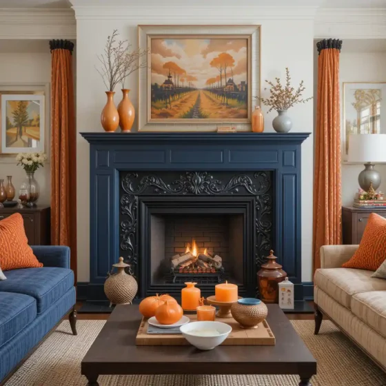Cozy Fireplace with Navy Surround and Orange Accents