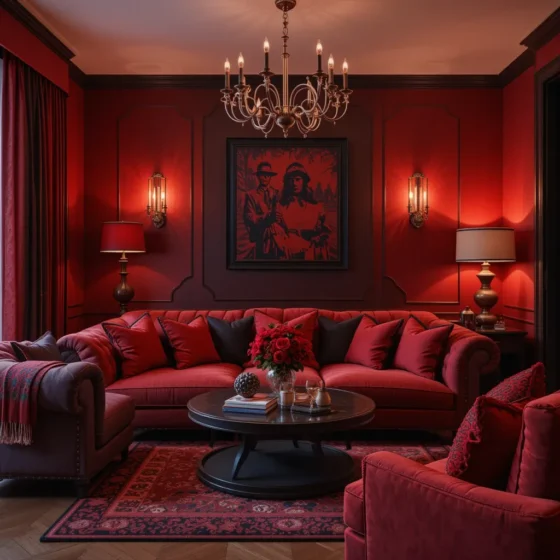 Cozy Red and Black Lounge Area
