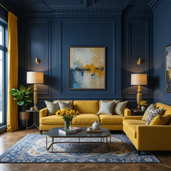 Dark Blue Walls with Gold and Yellow Lighting