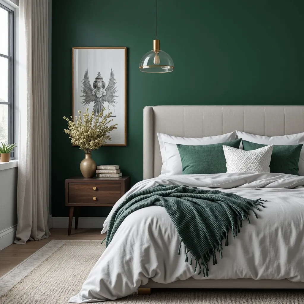 Dark Green Accent Wall with Light Grey Bedding