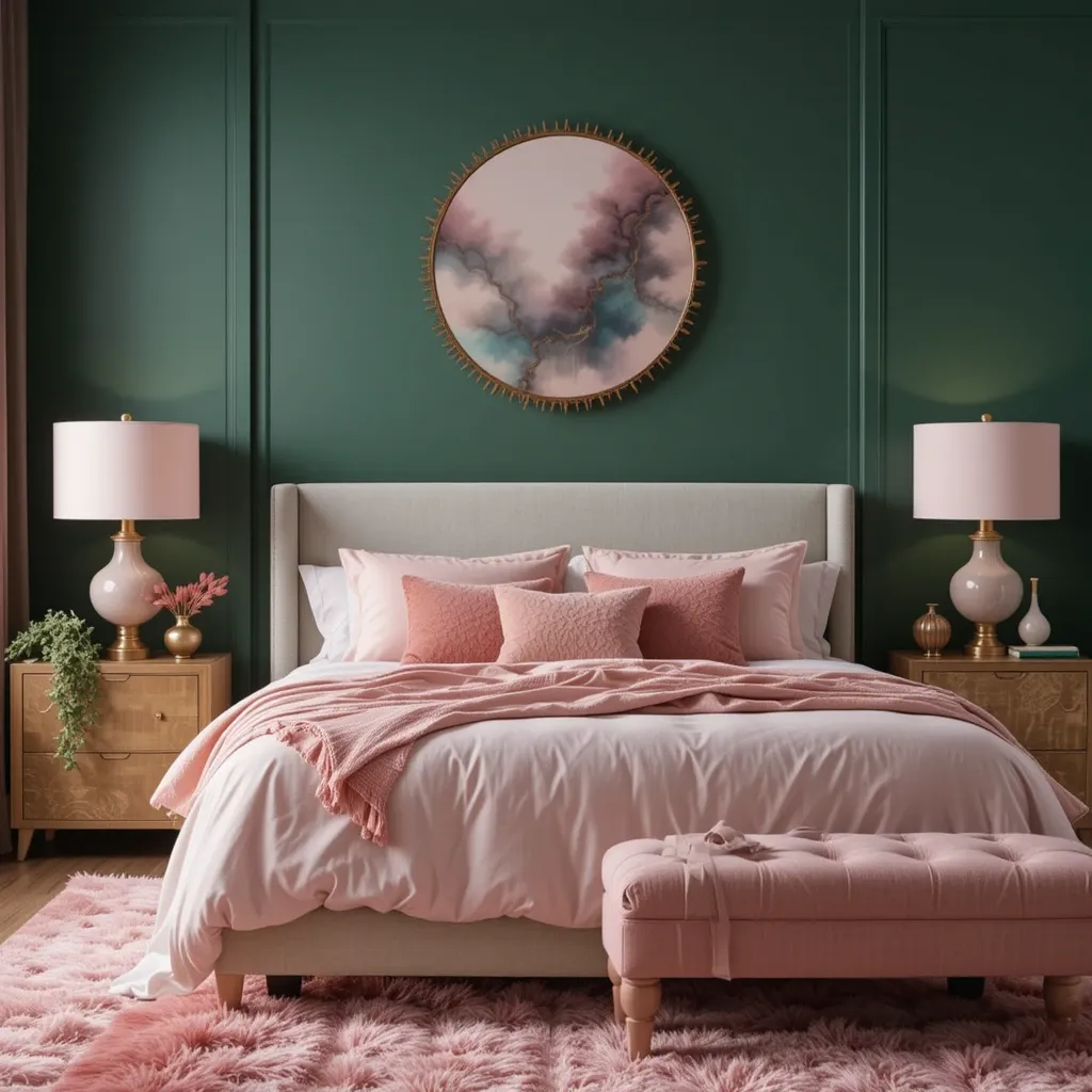 Dark Green Accent Wall with Soft Pink Accessories