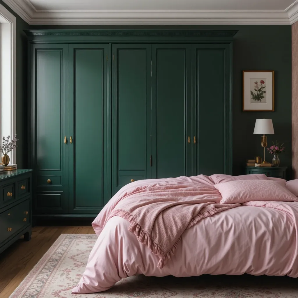Dark Green Wardrobe with Pink Bedding