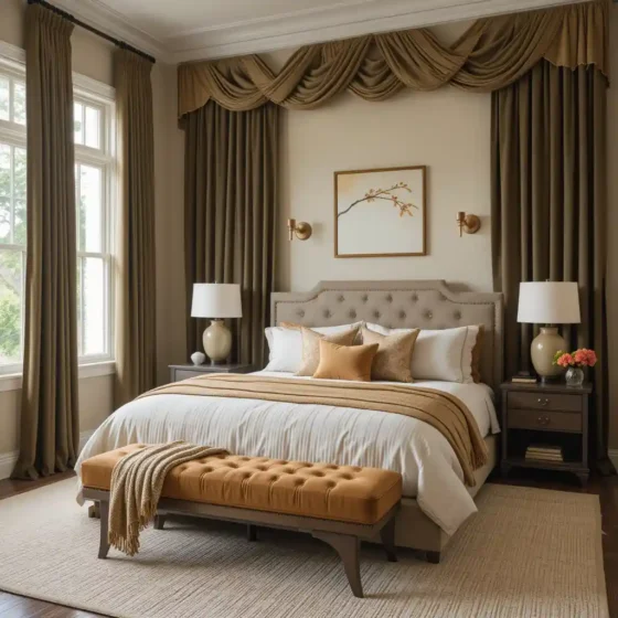 Dark Olive Drapes with Caramel-Toned Accents