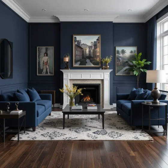 Dark Wood Flooring with Navy and Black Accents