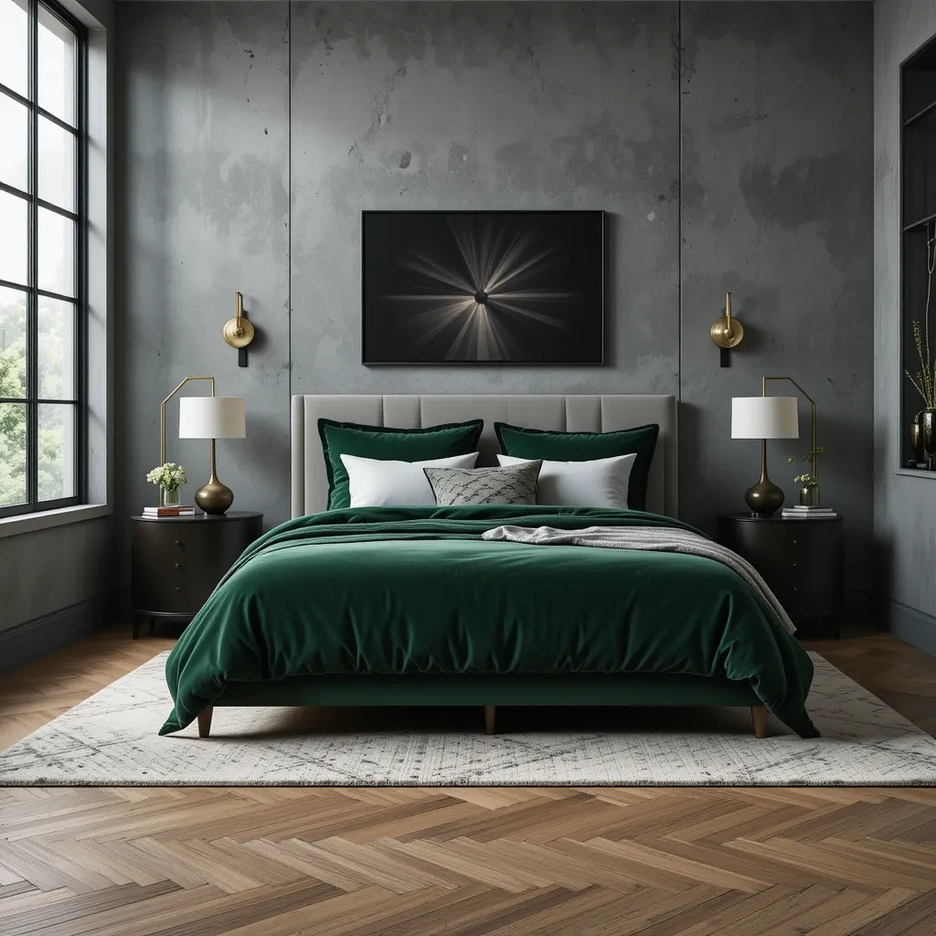 Deep Green Velvet Bedding with Concrete Grey Walls
