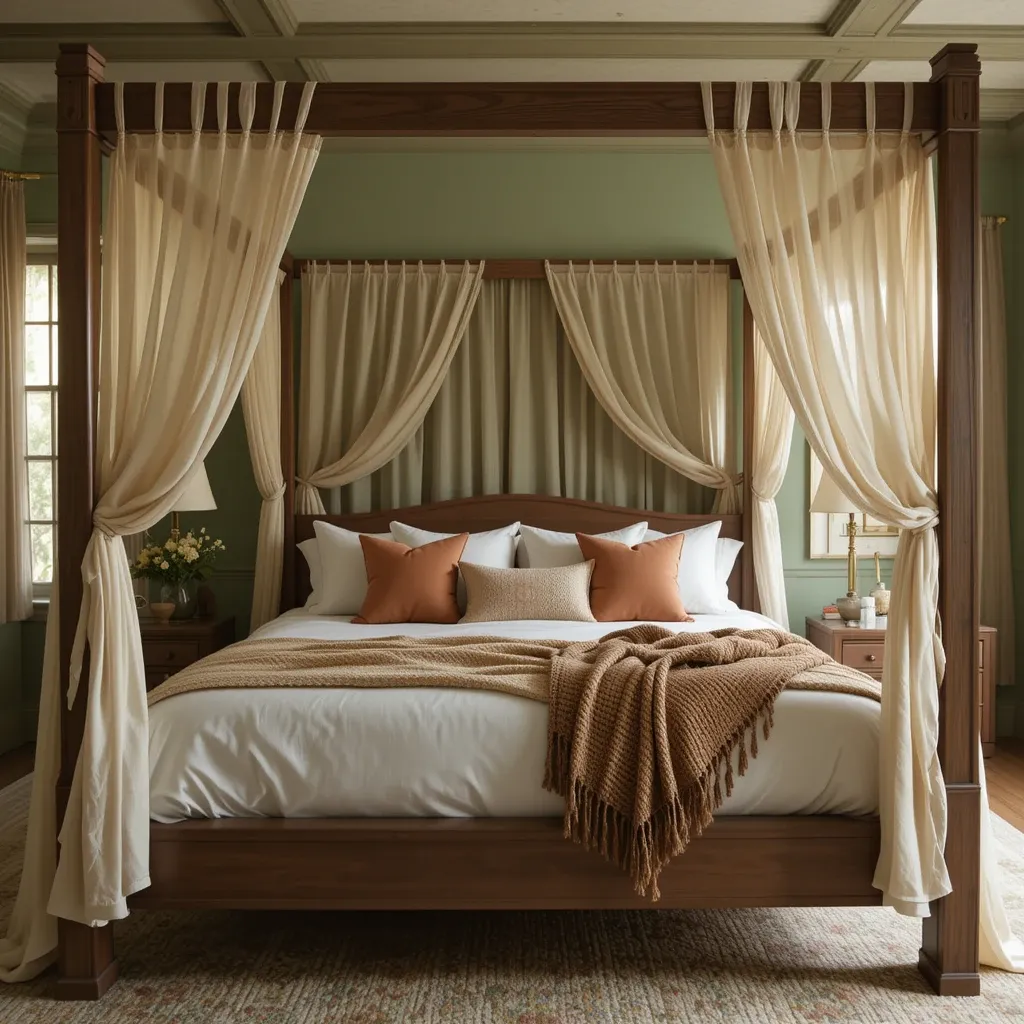 Earth-Toned Canopy Bed with Soft Drapes