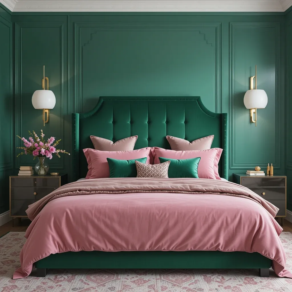 Emerald Green Headboard with Pink Velvet Bedding
