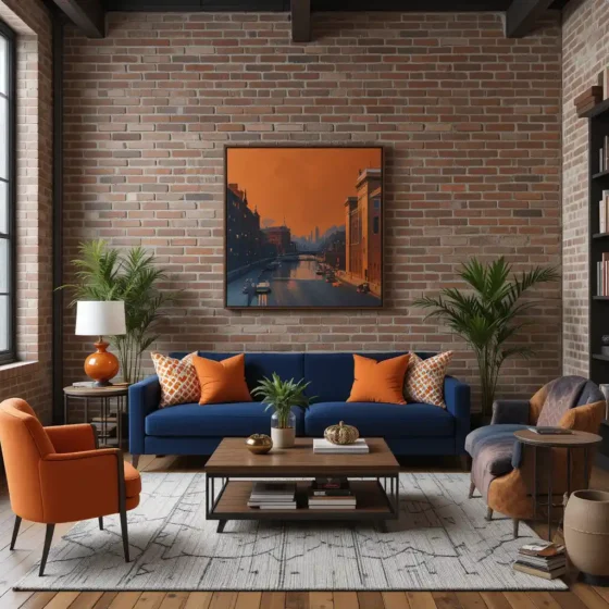 Exposed Brick with Navy and Orange Decor for an Industrial Touch