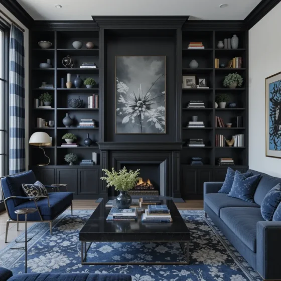 Floor-to-Ceiling Black Bookshelves with Navy Decor