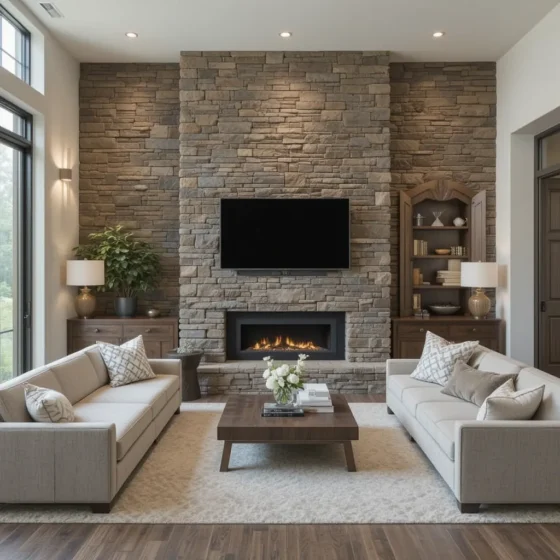 Floor-to-Ceiling Stone Wall for Natural Elegance
