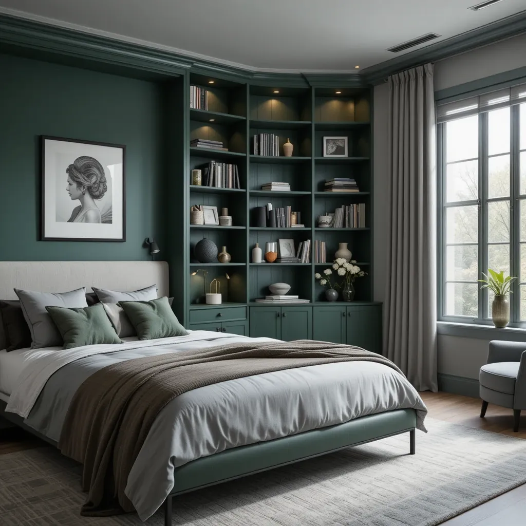 Forest Green Built-In Shelving with Grey Tones