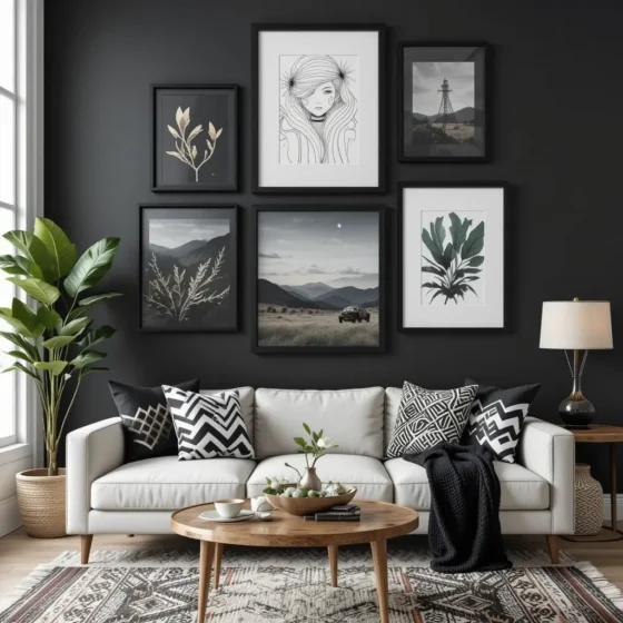 Gallery Wall with Black Frames and Eclectic Art