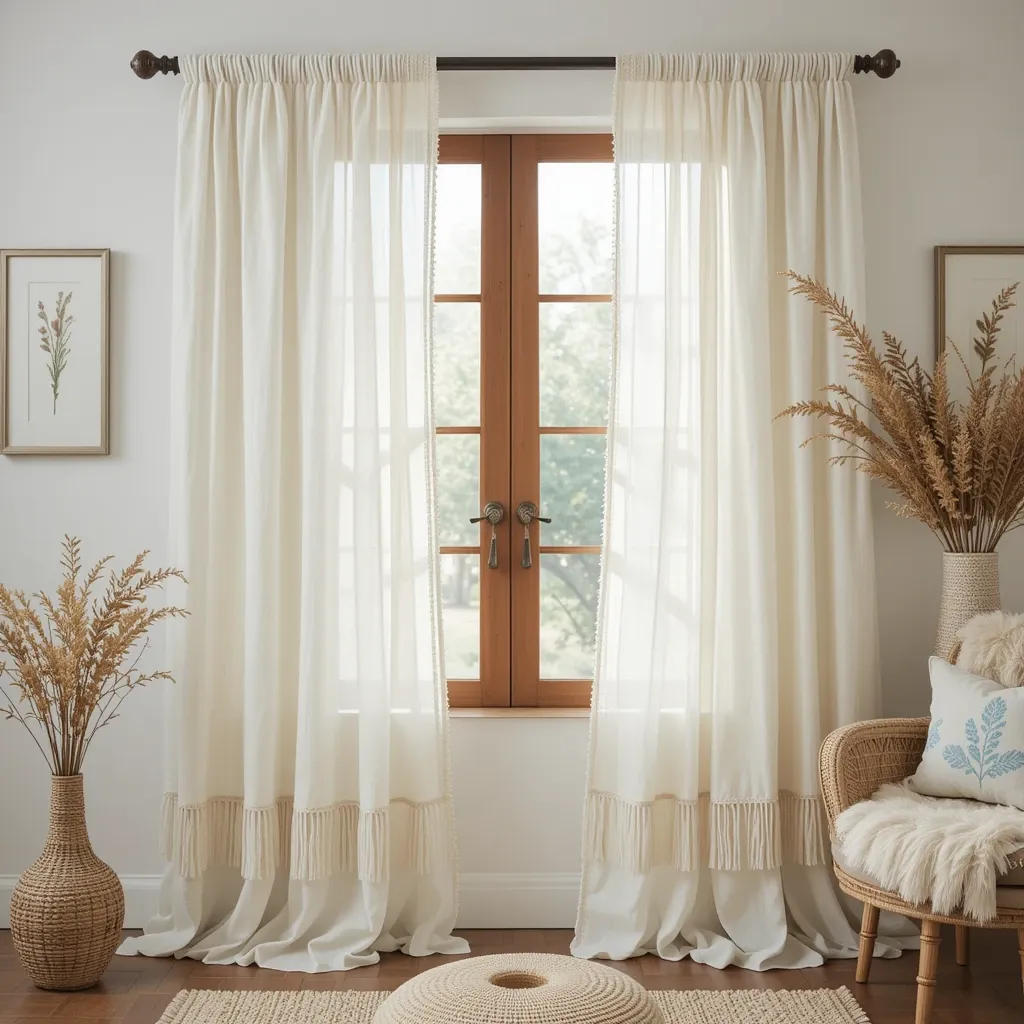 Gauzy Cotton Curtains with Fringe Hem