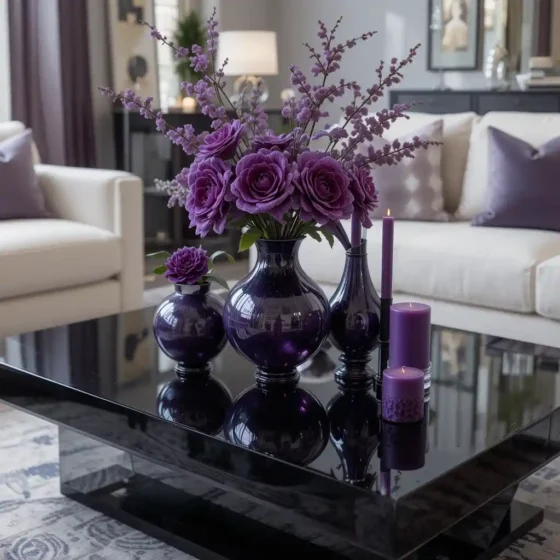 Glossy Black Coffee Table with Purple Decor