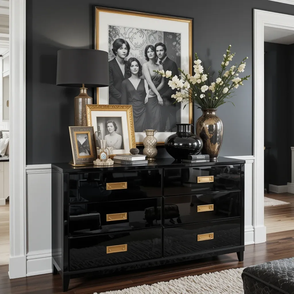 Glossy Black Console Table with Gold Handles