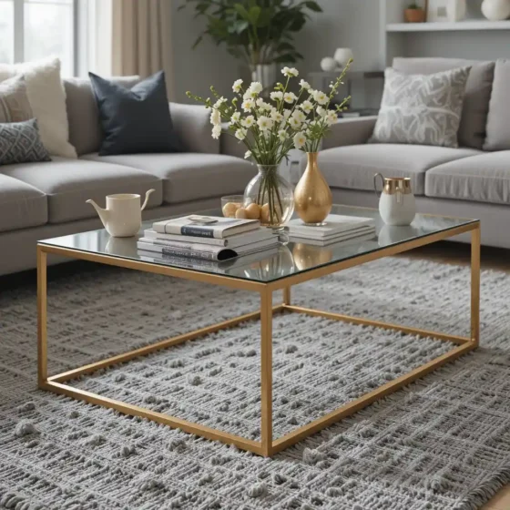 Gold-Framed Glass Coffee Table with Grey Rug