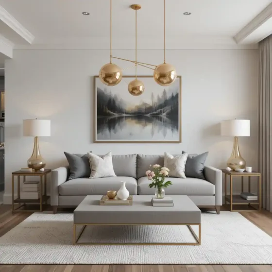 Gold Pendant Lights Over a Grey Coffee Table