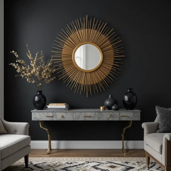 Gold Sunburst Mirror on a Black Wall
