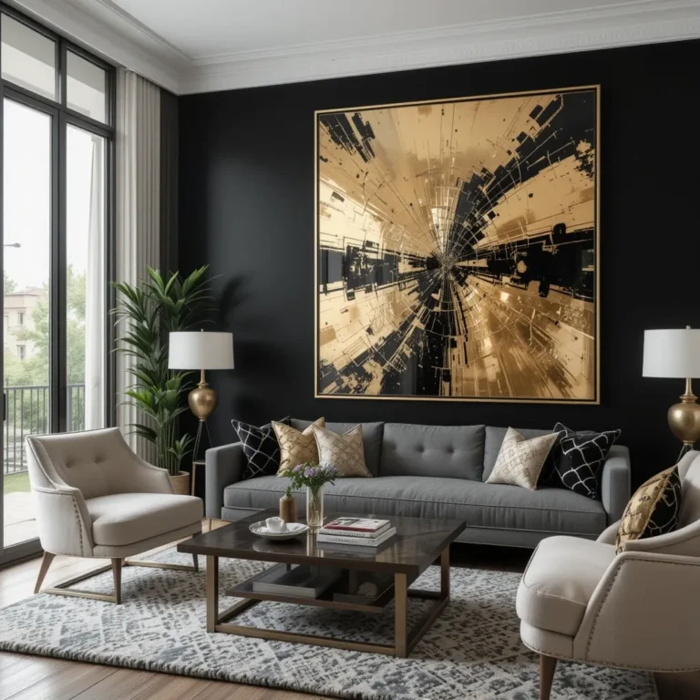 Gold-Toned Abstract Wall Art on Black Walls