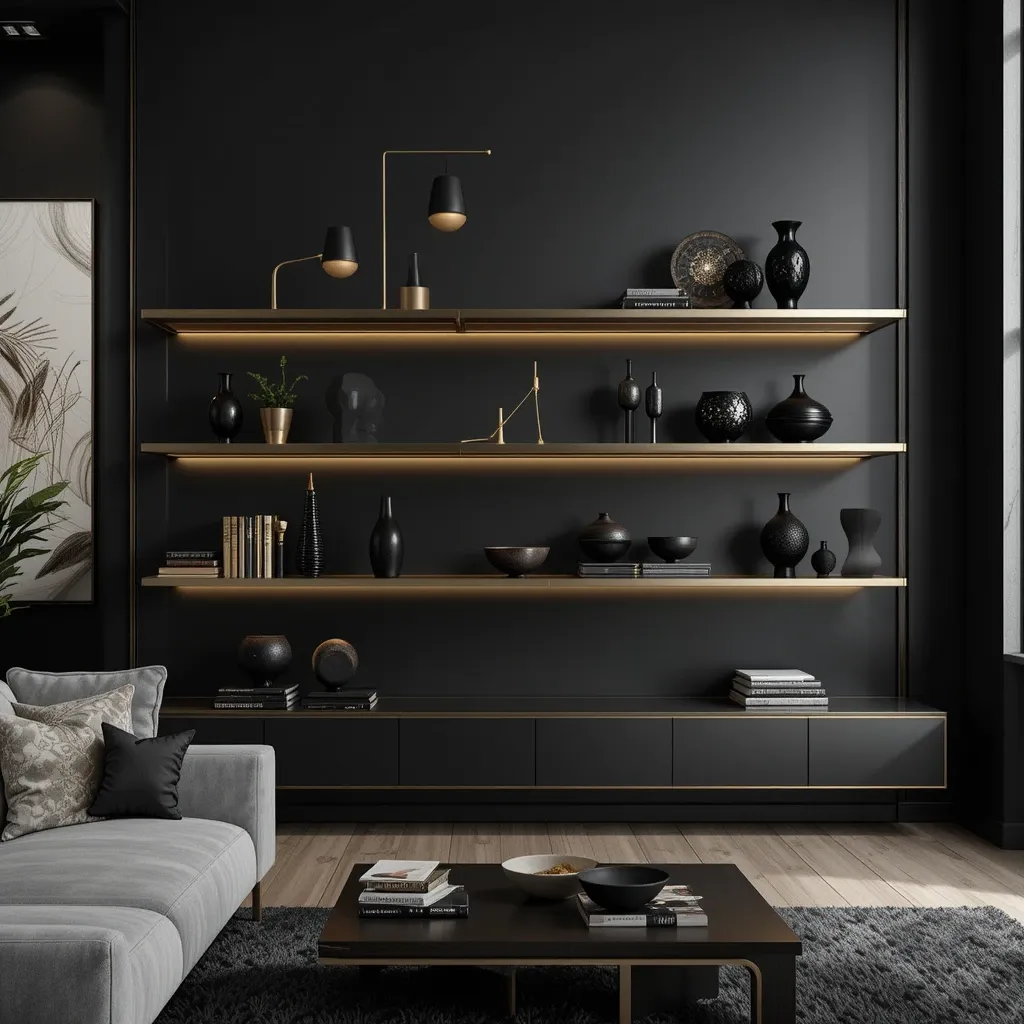 Gold-Trimmed Floating Shelves Against Black Walls