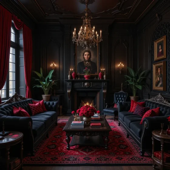 Gothic-Inspired Red and Black Living Room