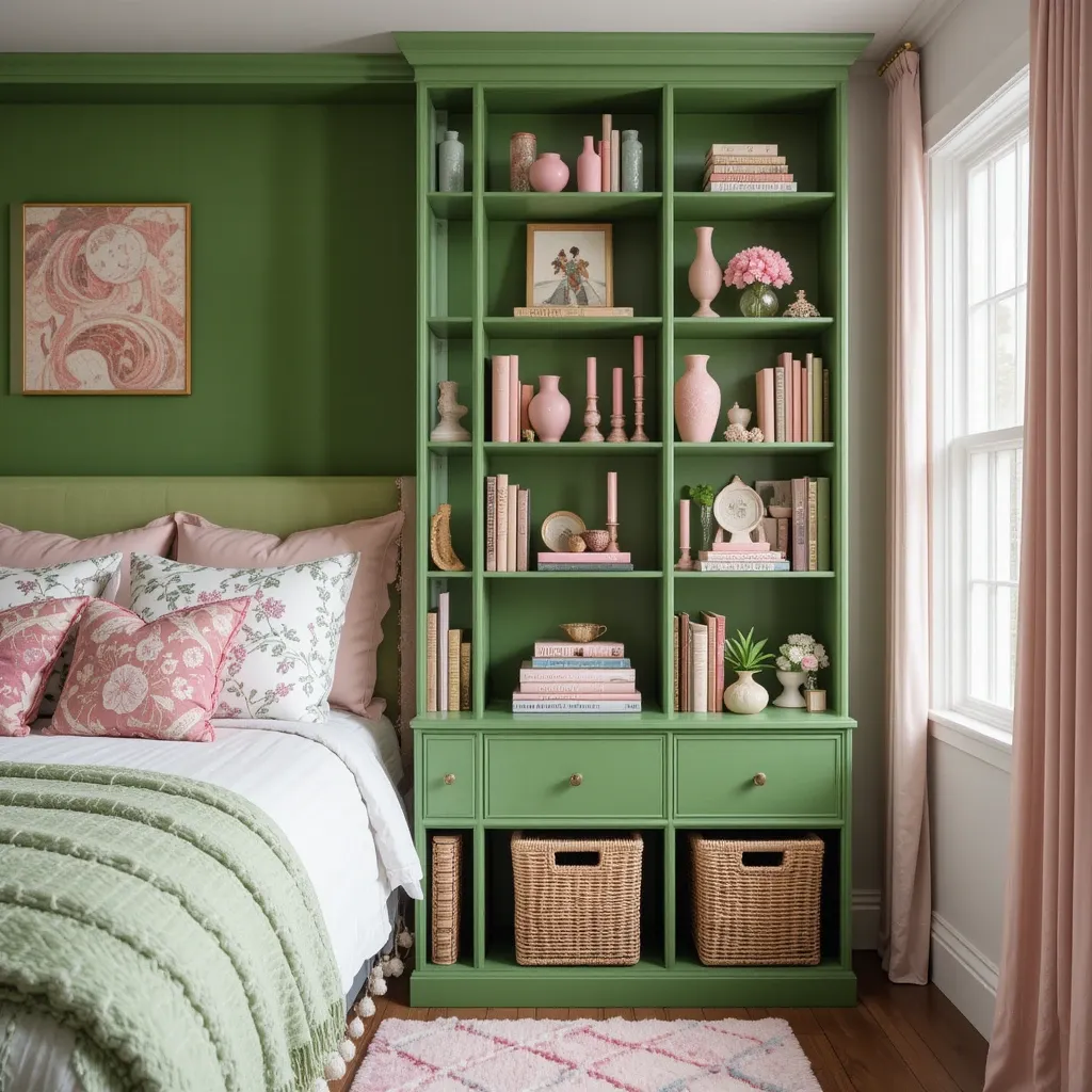 Green Bookshelf with Pink Accessories