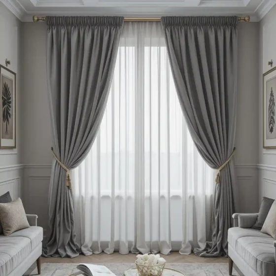 Grey Curtains with Gold Tiebacks