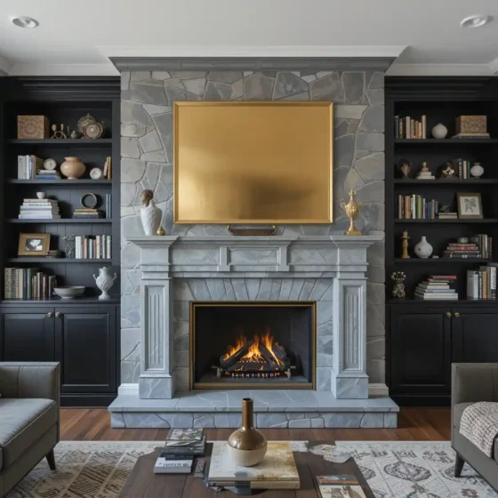 Grey Fireplace with Gold Screen