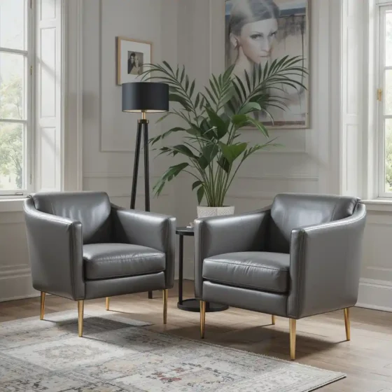 Grey Leather Armchairs with Gold Legs
