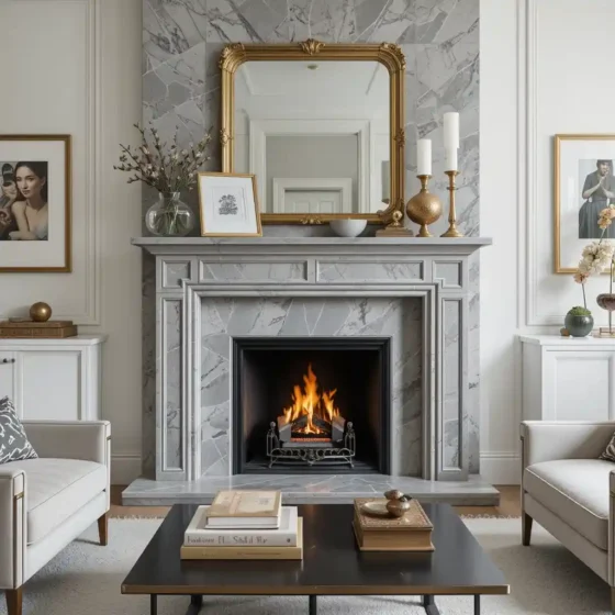 Grey Marble Fireplace with Gold Accents