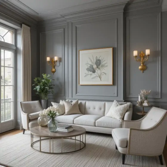 Grey Paneled Walls with Gold Fixtures