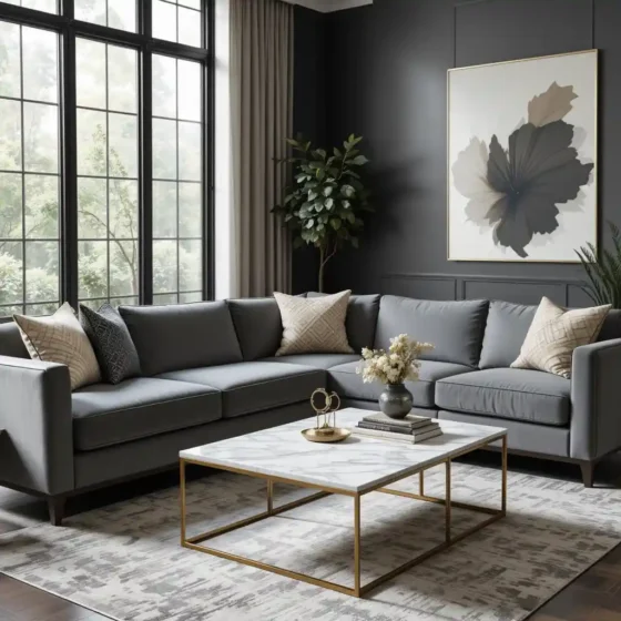 Grey Sectional with Gold Coffee Table