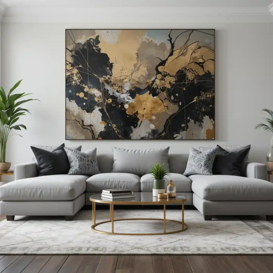 Grey Sectional with Gold and Black Artwork