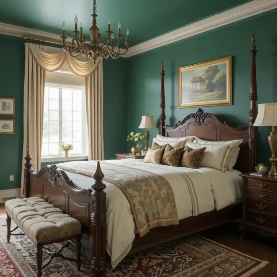 Hunter Green Walls with Antique Brown Furniture