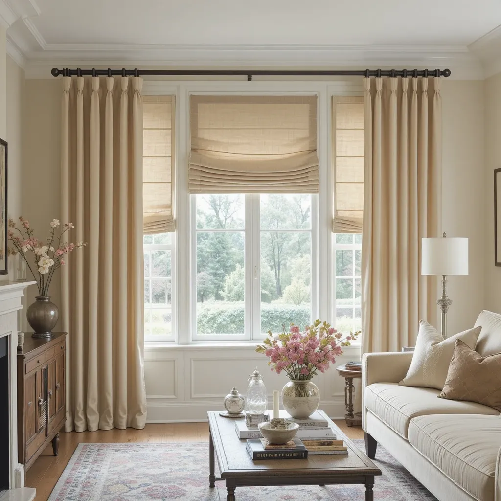 Layered Beige Curtains with Roman Shades
