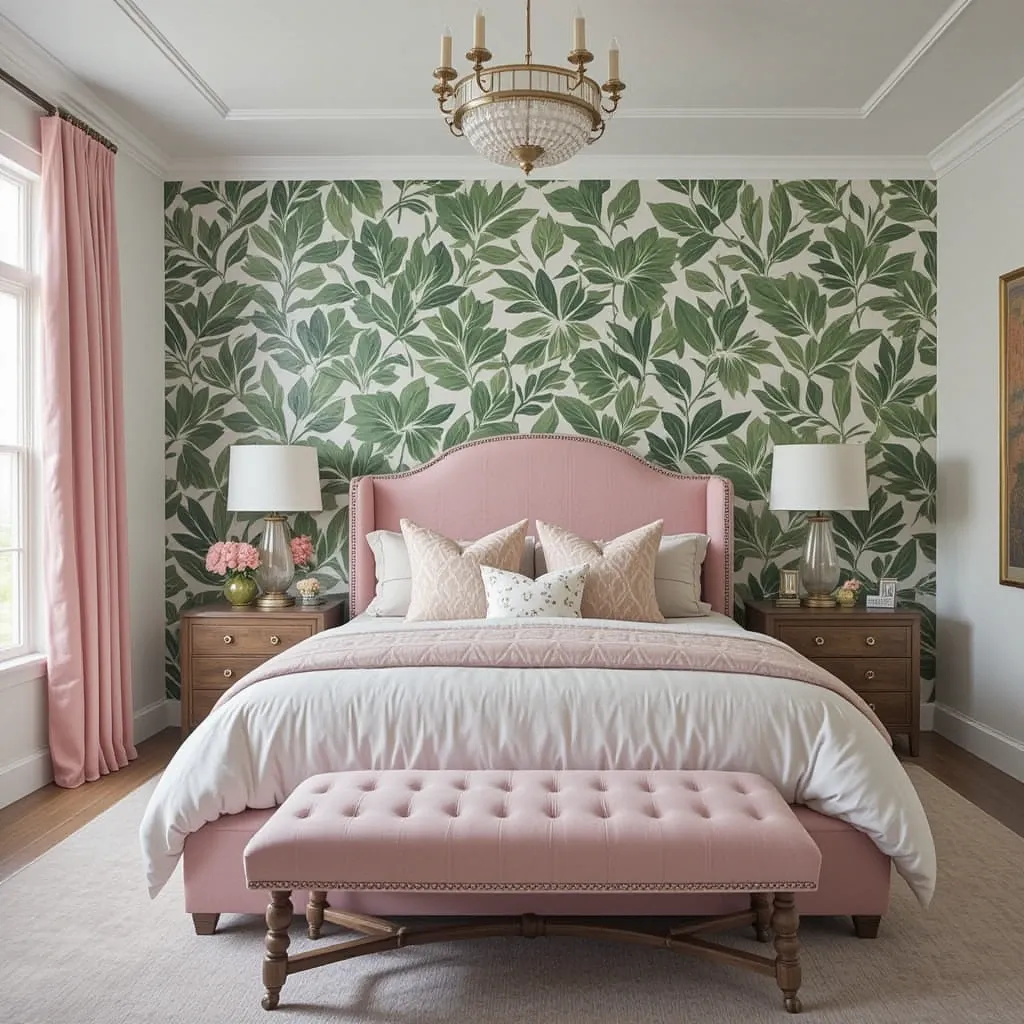 Leafy Green Prints with Soft Pink Upholstery