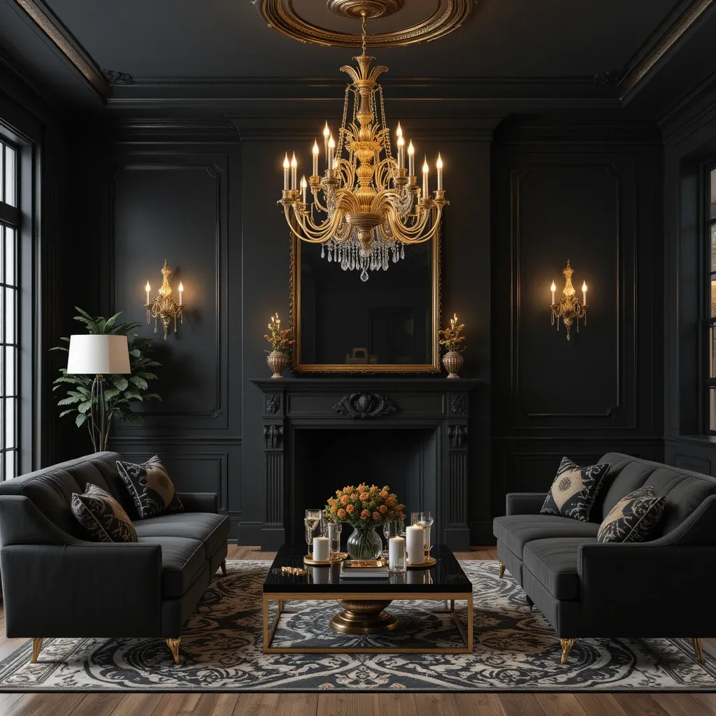 Matte Black Walls with Gold Chandeliers
