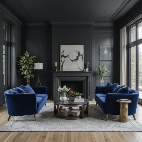 Matte Black Walls with Navy Velvet Furniture