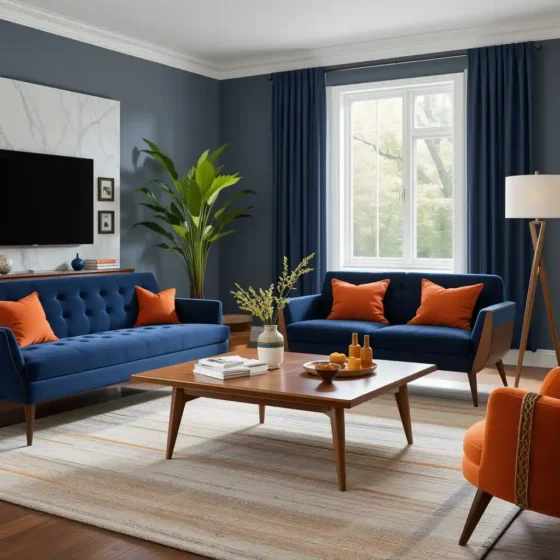 Mid-Century Modern Navy and Orange Lounge Setup