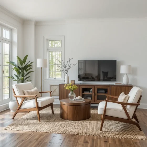 Mid-Century Modern Wooden Furniture with White Upholstery